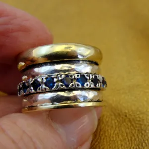 Sapphire Z Ring 6.5, 7 Heavy Swivel Yellow Gold 925 Silver Hadar Designers(SN)y