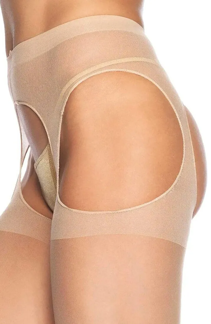 Sheer beige crotchless suspender pantyhose