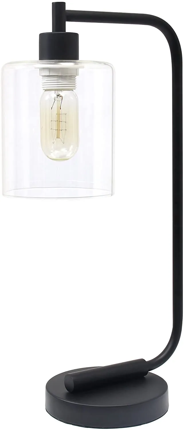 Simple Designs Bronson Antique Style Industrial Iron Lantern Desk Lamp with Glass Shade, Black