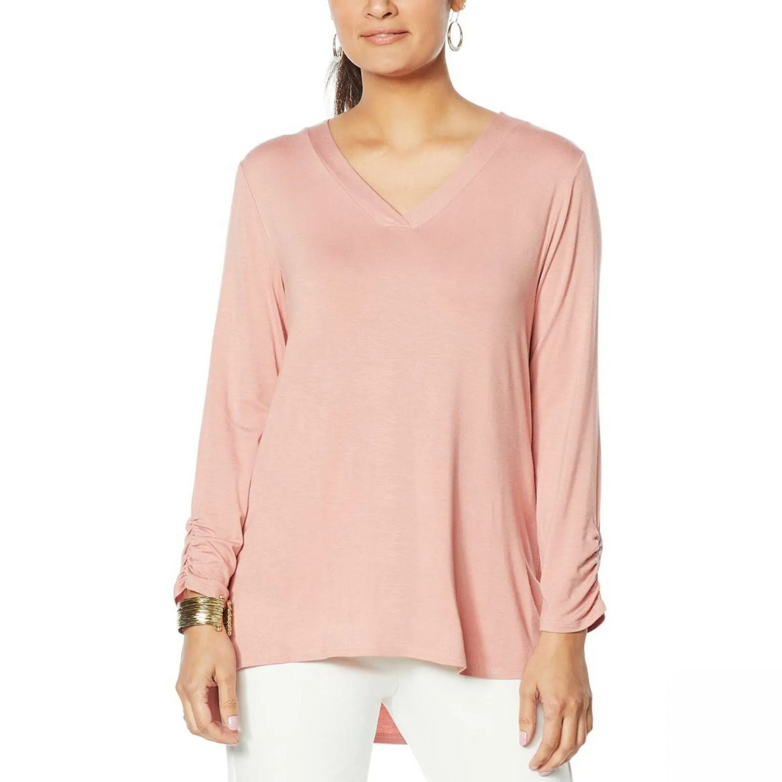 Slinky Brand Women's Ruched-Sleeve V-Neck Tunic With Step Hem