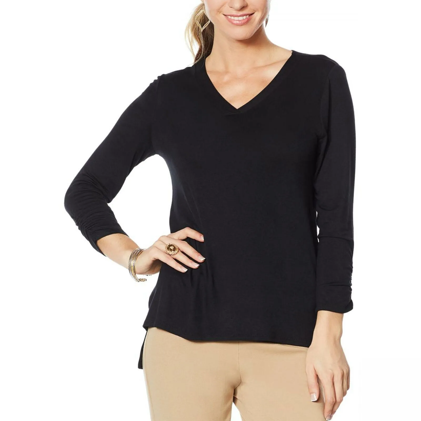 Slinky Brand Women's Ruched-Sleeve V-Neck Tunic With Step Hem