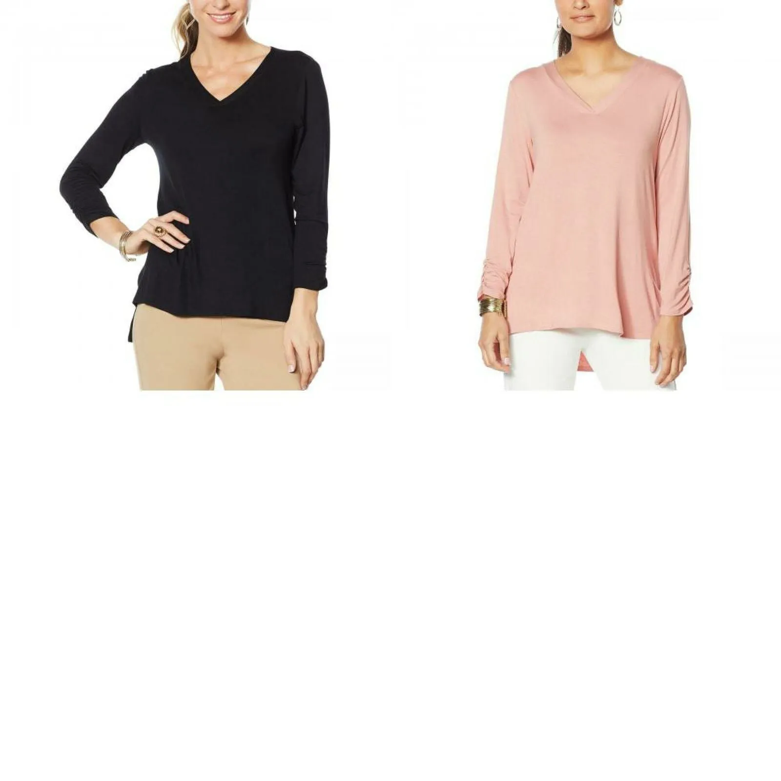 Slinky Brand Women's Ruched-Sleeve V-Neck Tunic With Step Hem