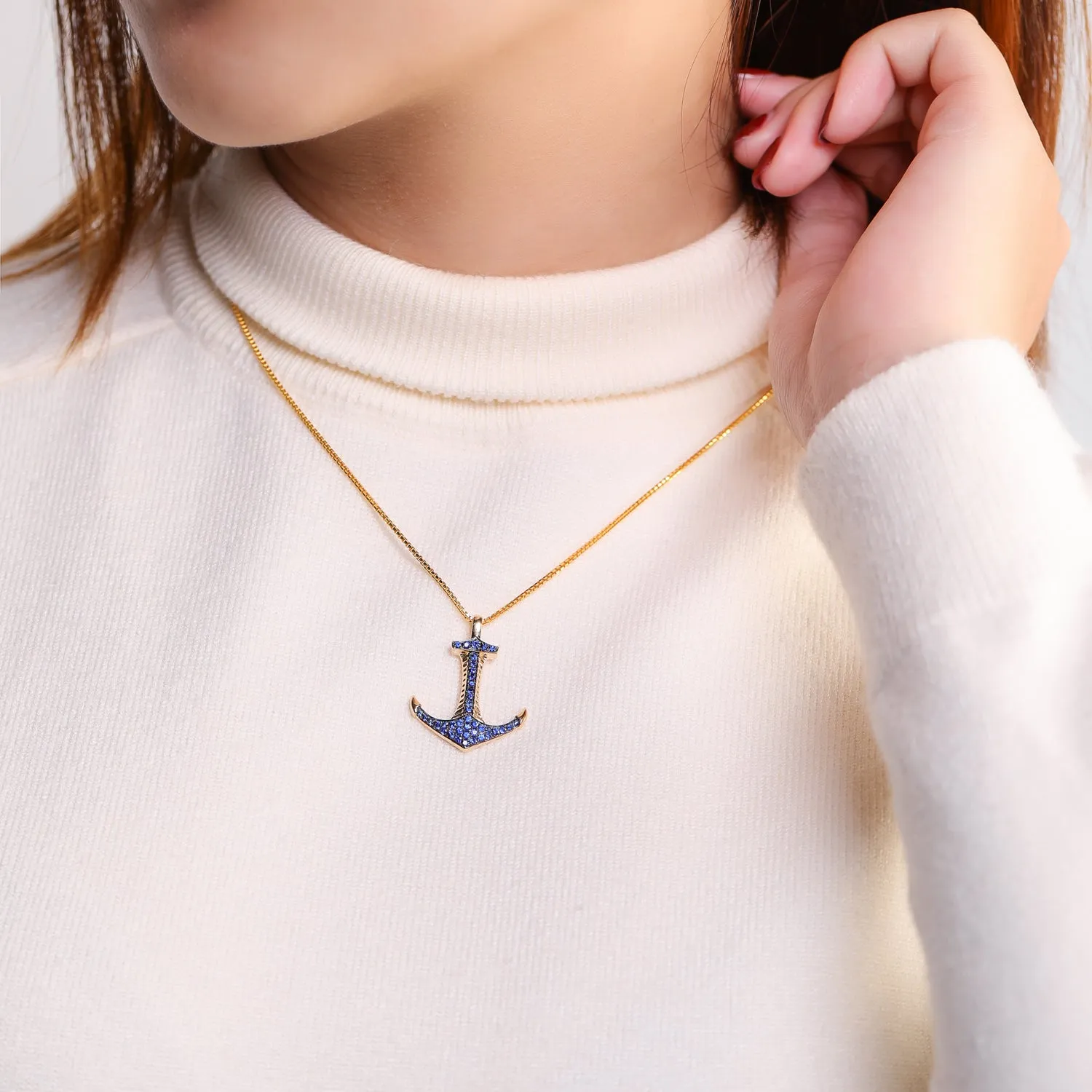 Solid Gold Sapphire Anchor Pendant (Pendant Only)