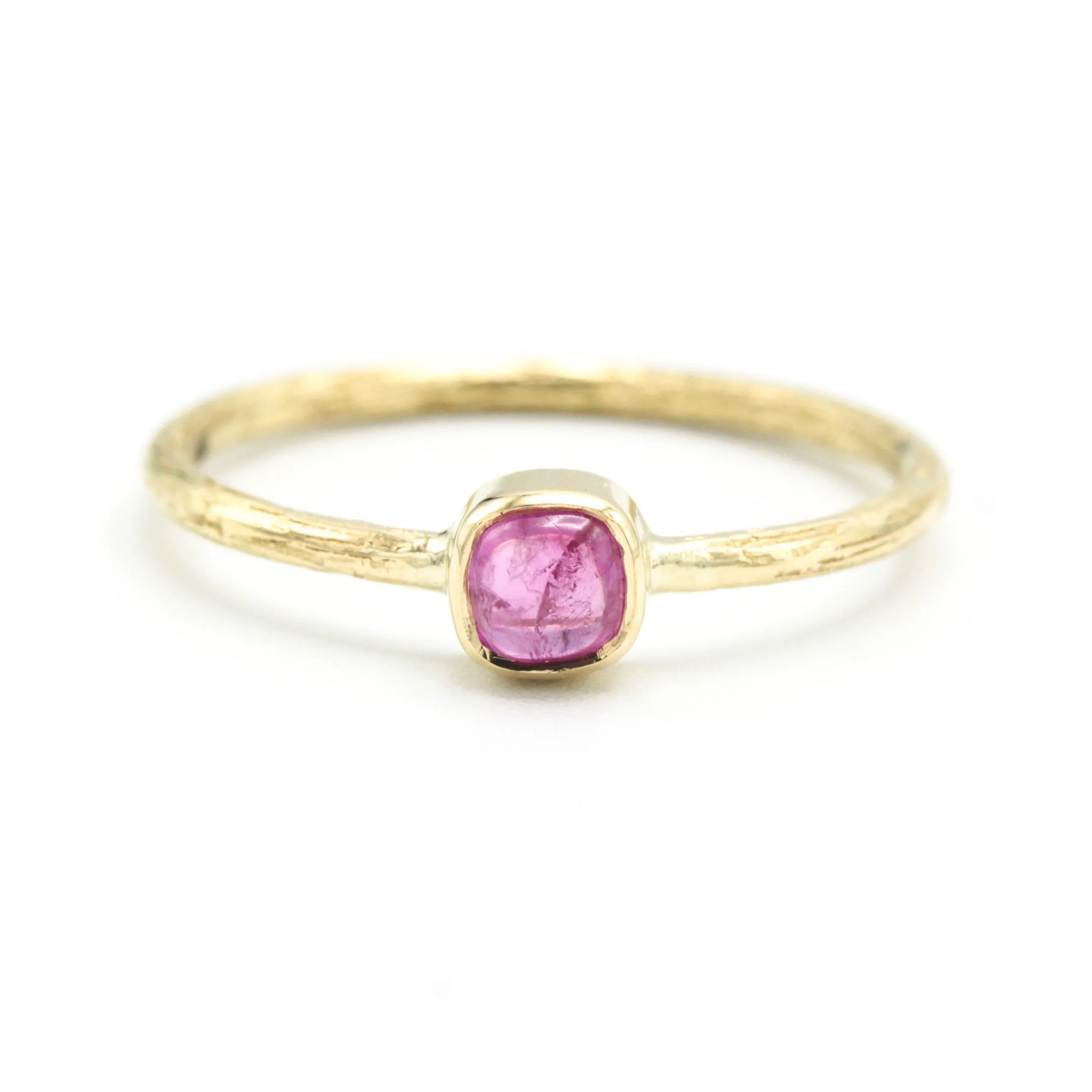 Square pink sapphire ring in bezel setting with 18k gold texture band