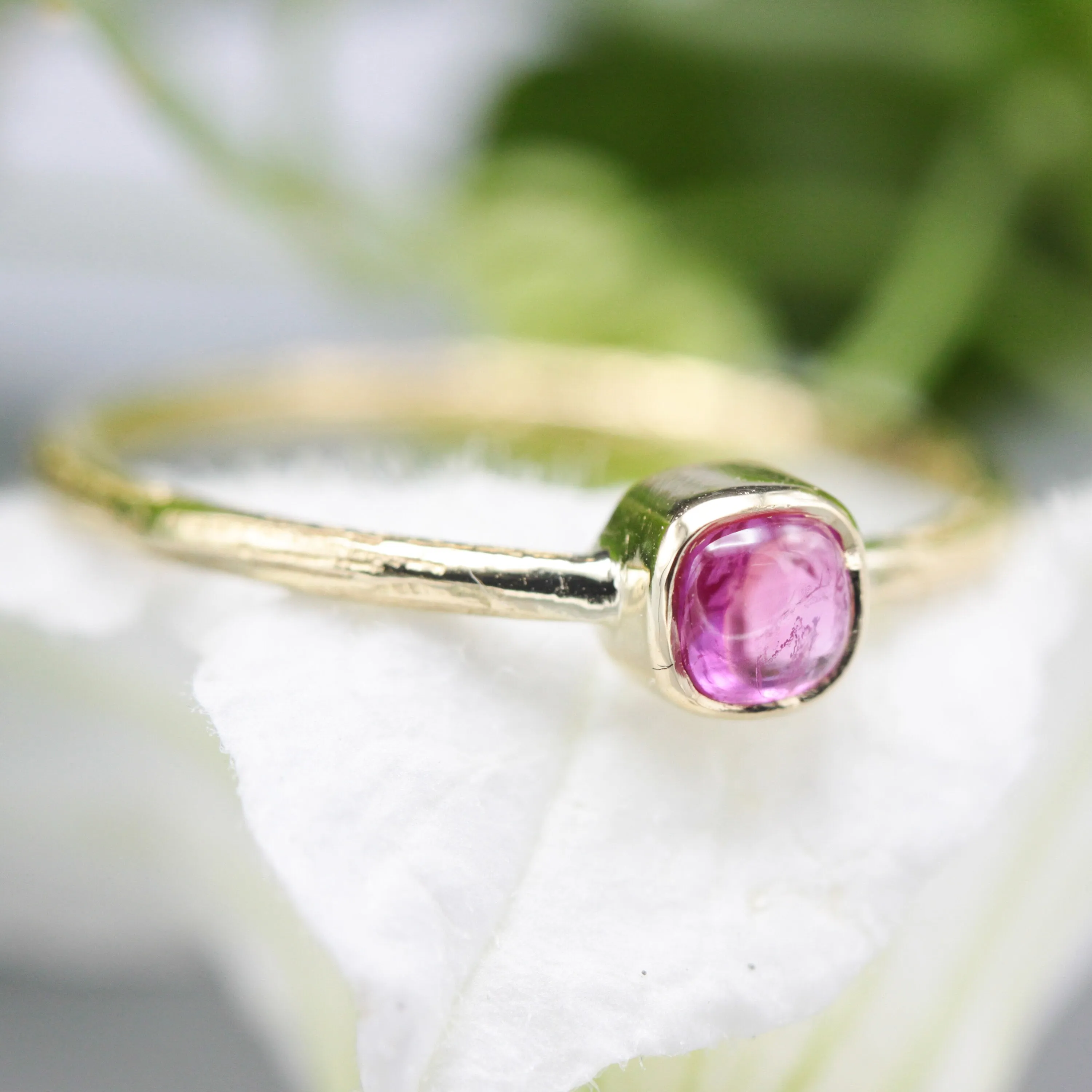 Square pink sapphire ring in bezel setting with 18k gold texture band