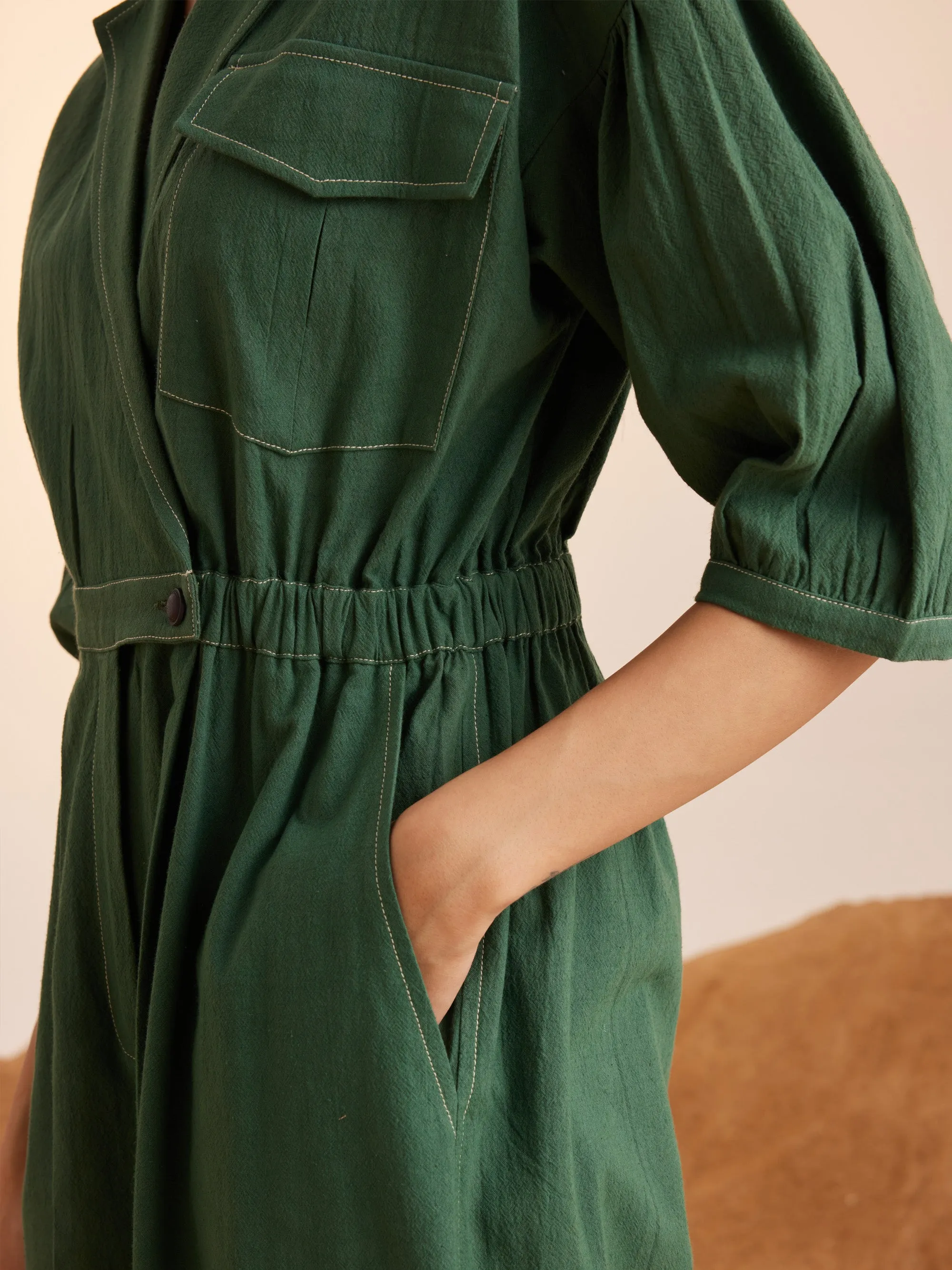 Summer Jumpsuit Topstitch Cotton Crinkle-Green-Ss25-Tsj-Grn-Cord