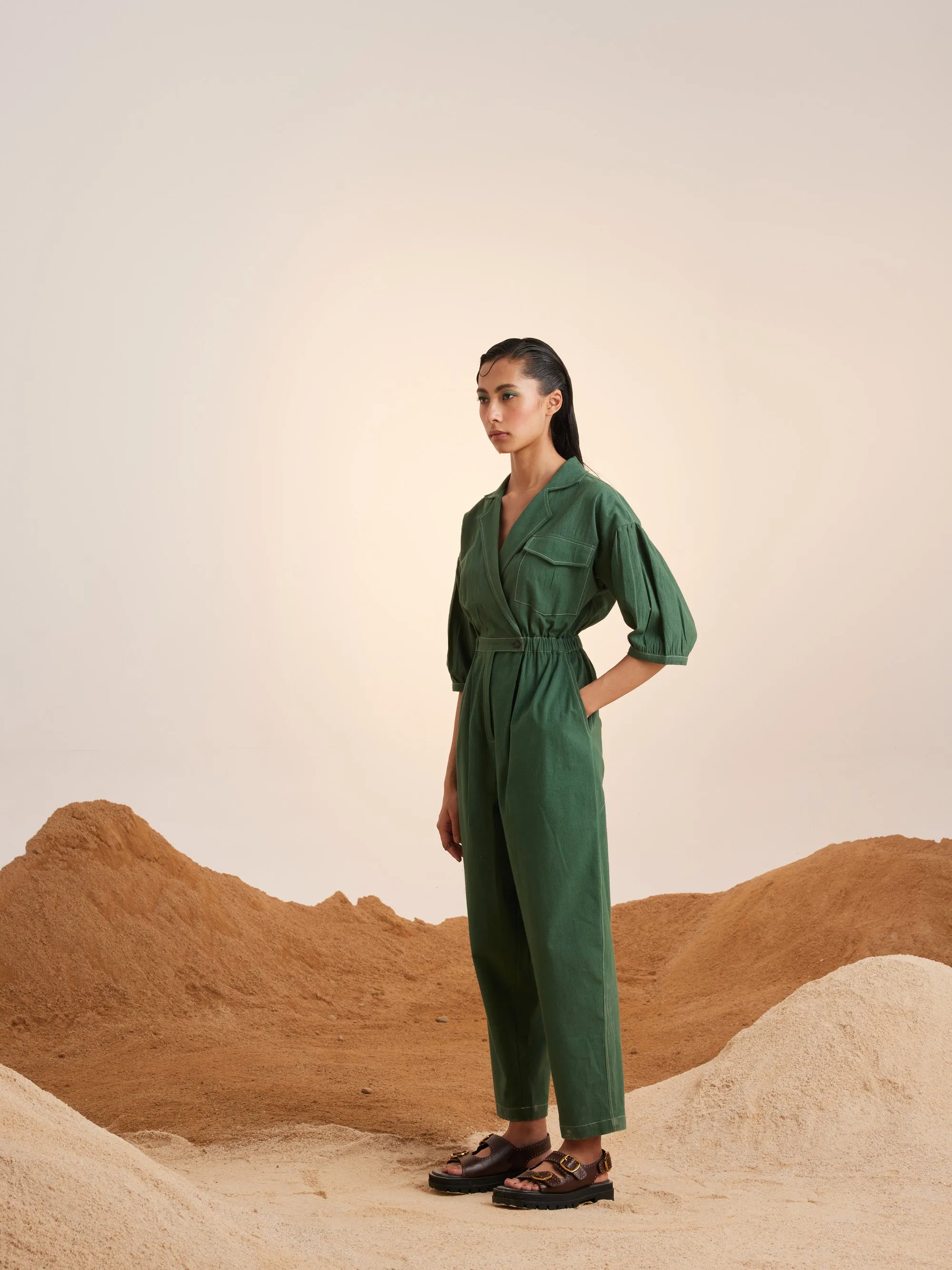 Summer Jumpsuit Topstitch Cotton Crinkle-Green-Ss25-Tsj-Grn-Cord