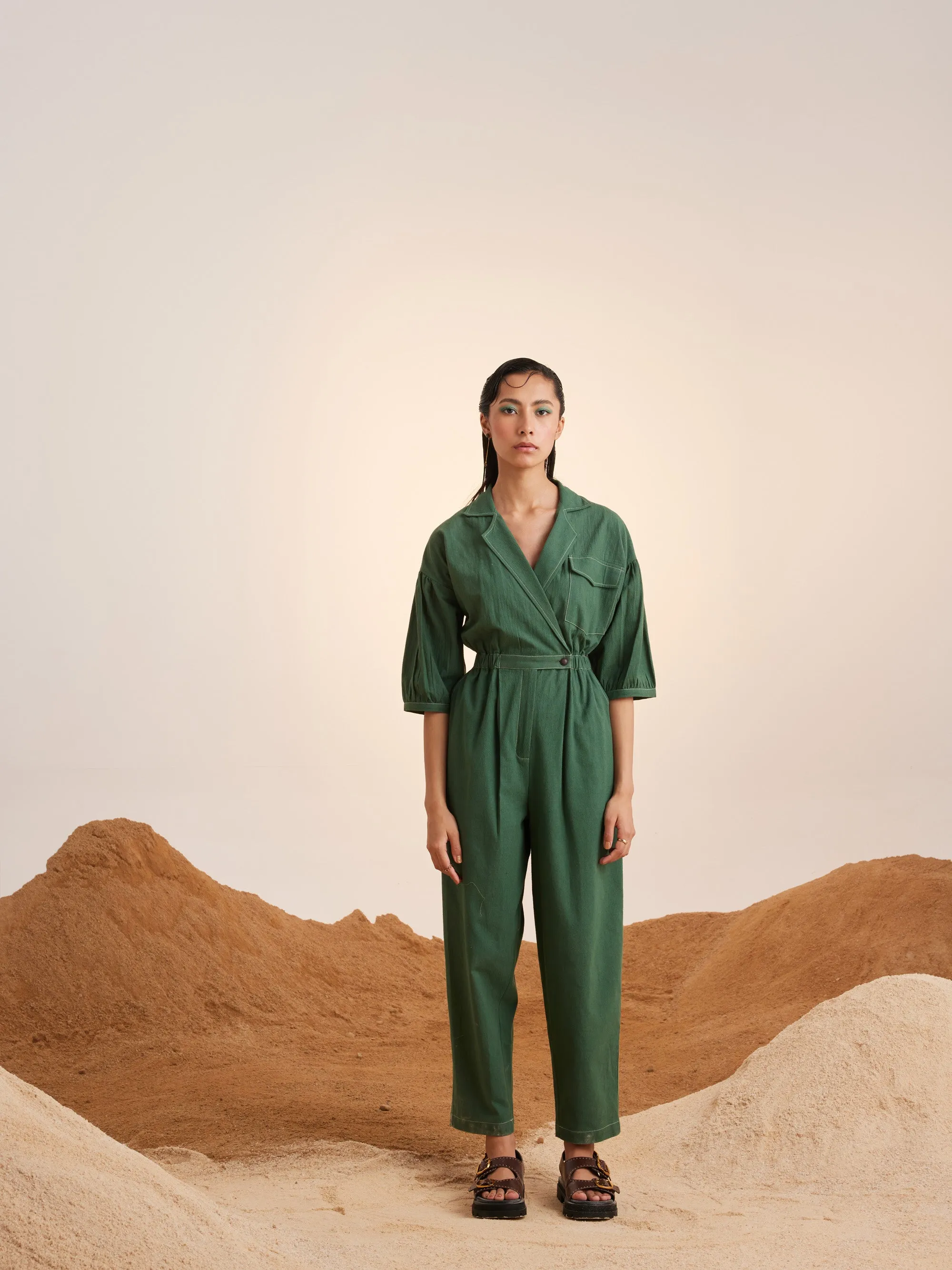 Summer Jumpsuit Topstitch Cotton Crinkle-Green-Ss25-Tsj-Grn-Cord