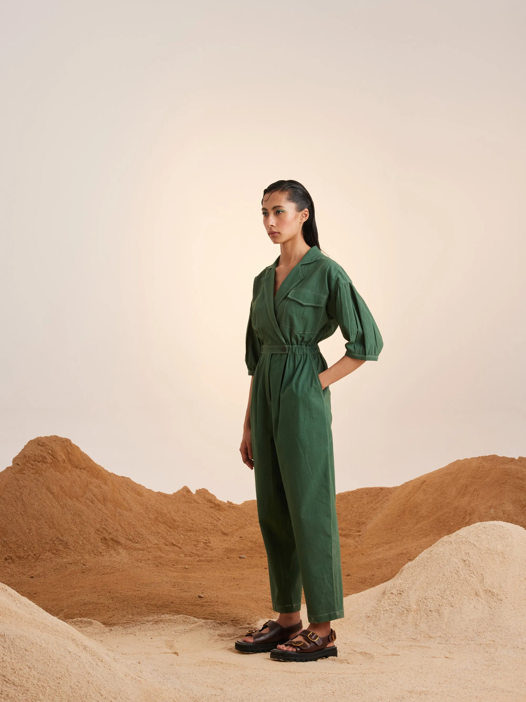 Summer Jumpsuit Topstitch Cotton Crinkle-Green-Ss25-Tsj-Grn-Cord