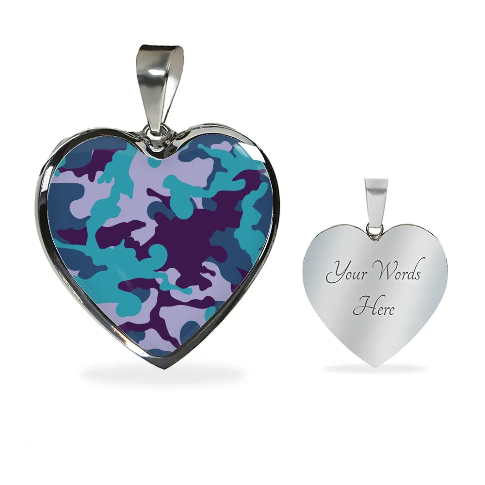 Teal Blue and Purple Camouflage Heart Shaped Stainless Steel Pendant Necklace