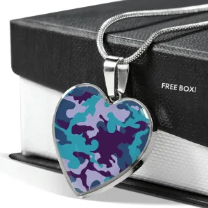 Teal Blue and Purple Camouflage Heart Shaped Stainless Steel Pendant Necklace