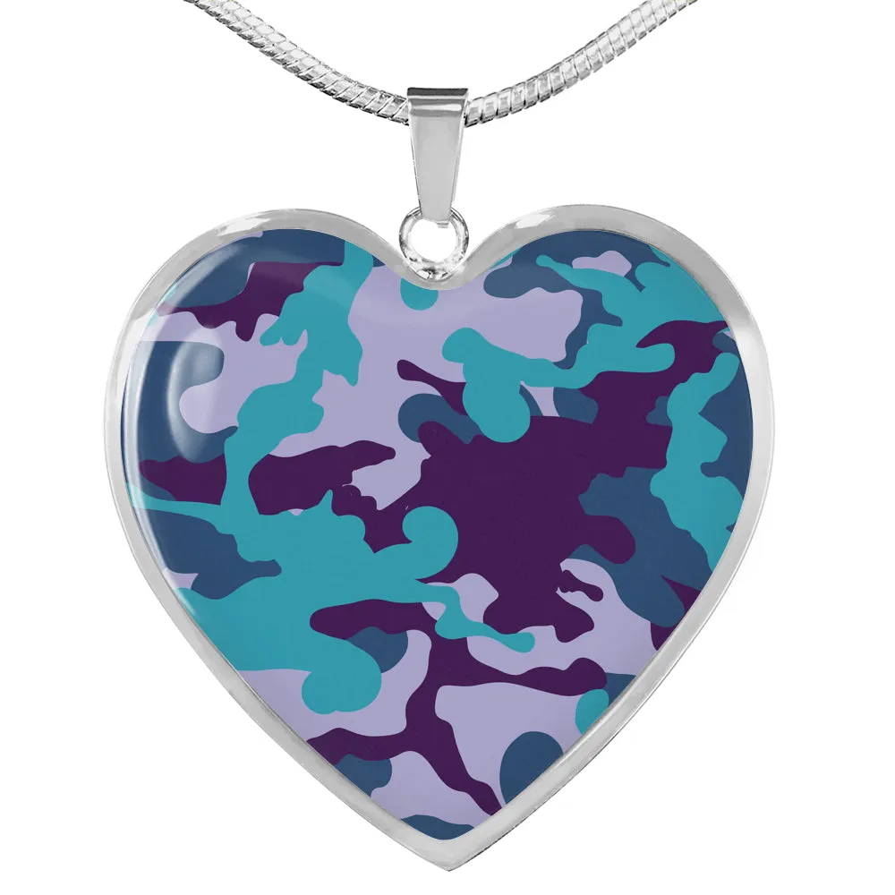 Teal Blue and Purple Camouflage Heart Shaped Stainless Steel Pendant Necklace