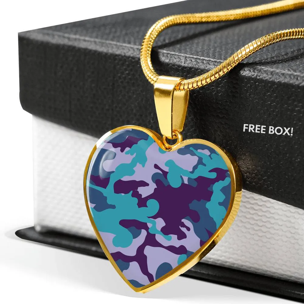Teal Blue and Purple Camouflage Heart Shaped Stainless Steel Pendant Necklace