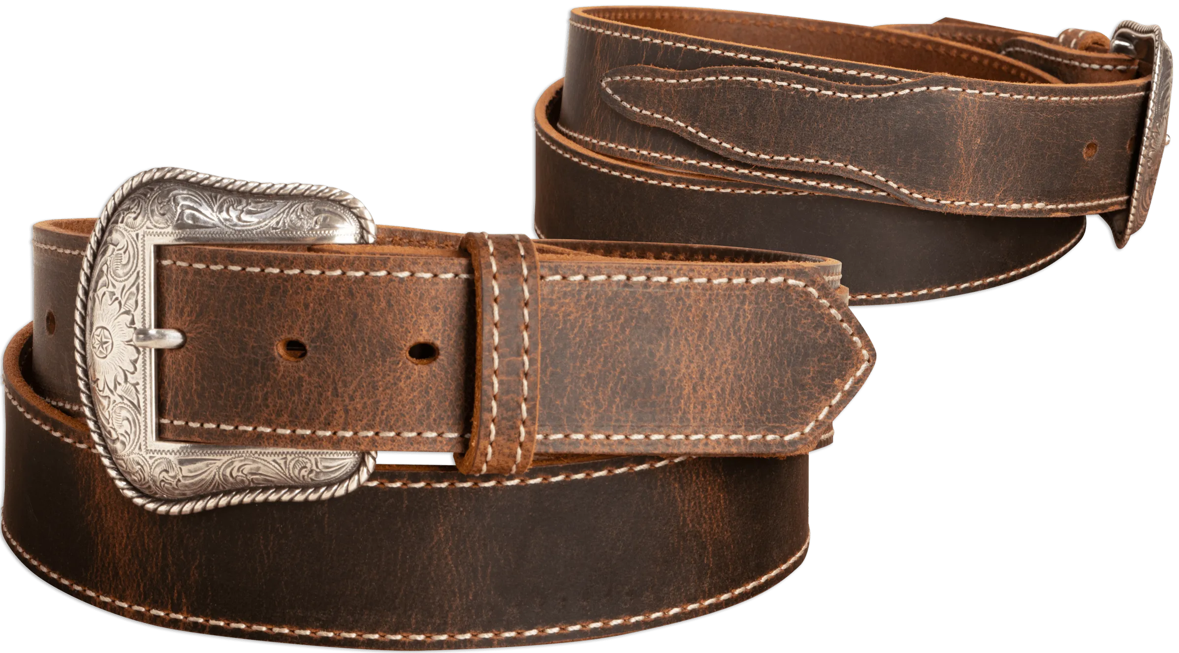 The Crazy Horse: Men's Rustic Brown Stitched Western Leather Belt 1.50" With Scalloped Ends