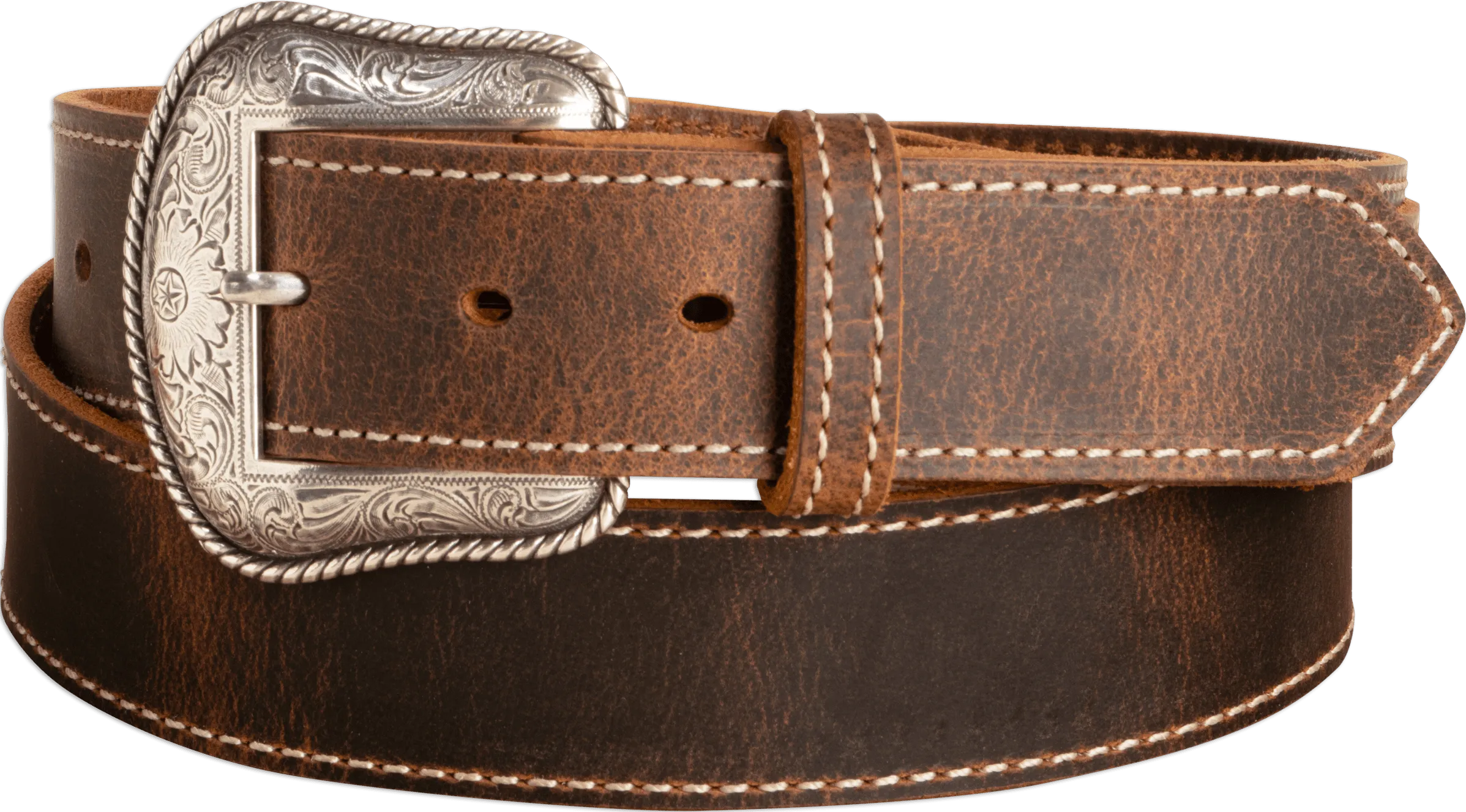 The Crazy Horse: Men's Rustic Brown Stitched Western Leather Belt 1.50" With Scalloped Ends