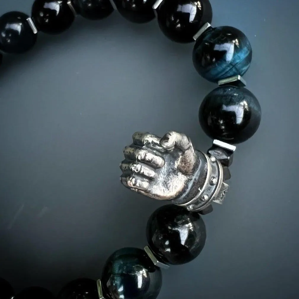 Tiger's Eye Stone Sterling Silver Powerful Hand Charm Beaded Bracelet