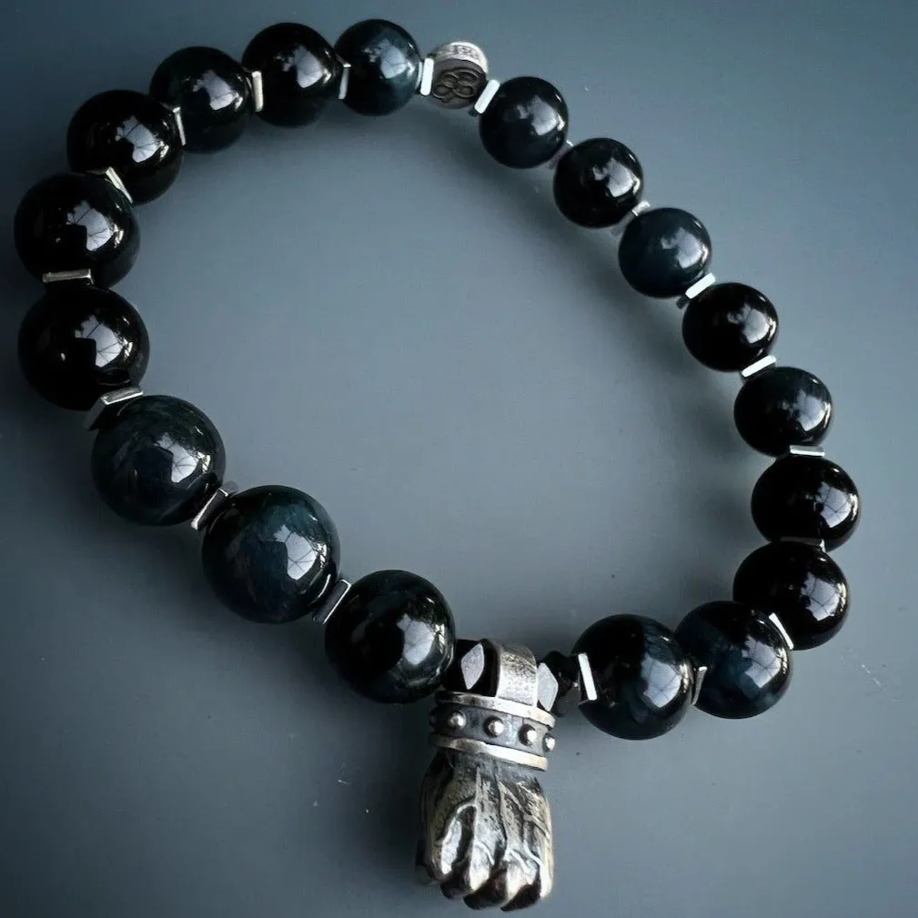 Tiger's Eye Stone Sterling Silver Powerful Hand Charm Beaded Bracelet