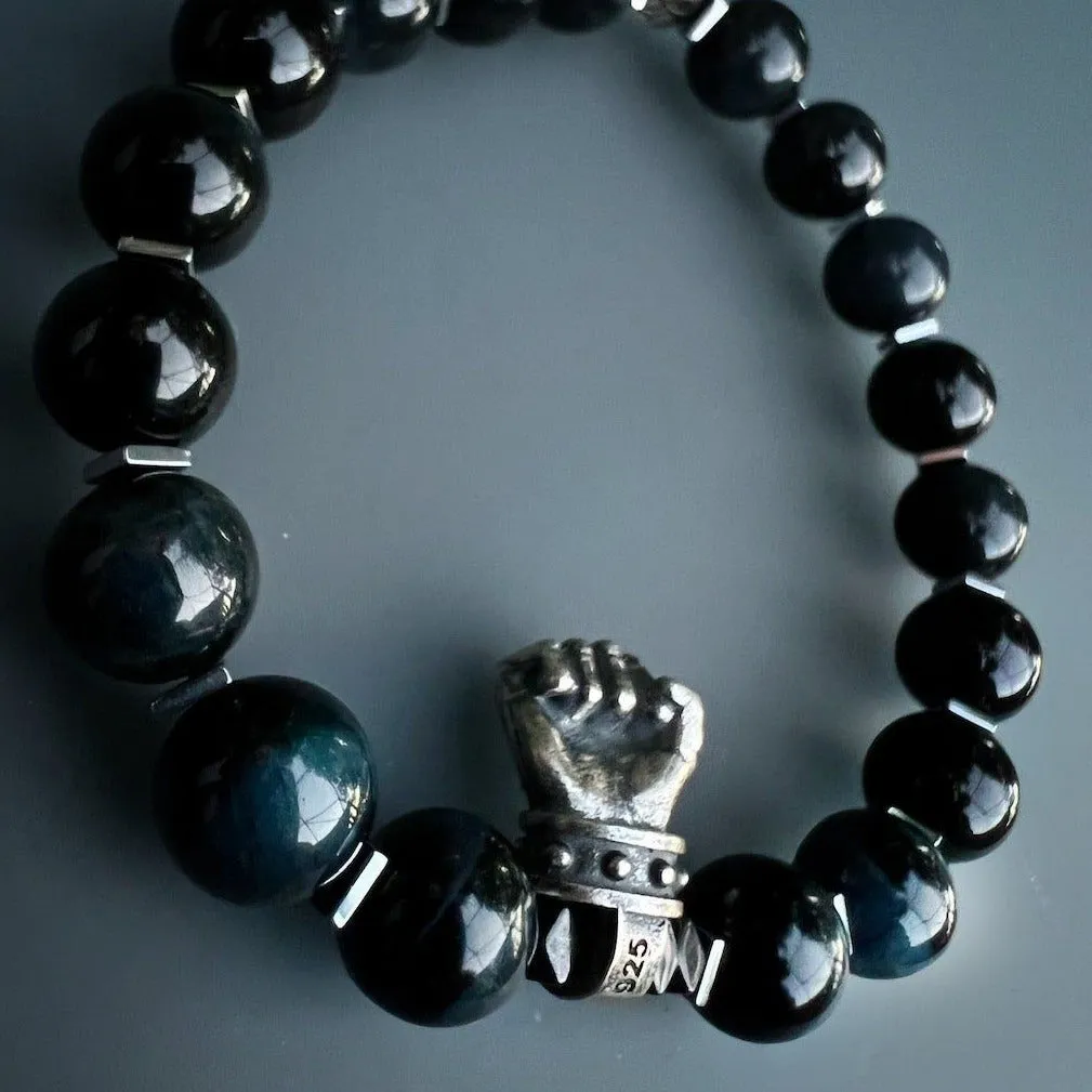 Tiger's Eye Stone Sterling Silver Powerful Hand Charm Beaded Bracelet