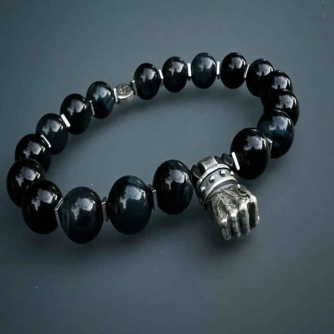 Tiger's Eye Stone Sterling Silver Powerful Hand Charm Beaded Bracelet