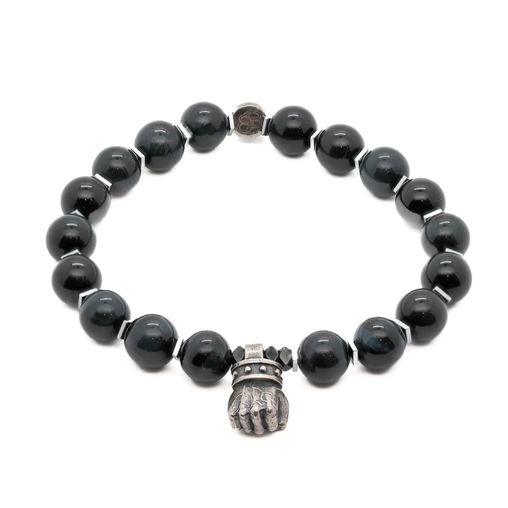 Tiger's Eye Stone Sterling Silver Powerful Hand Charm Beaded Bracelet