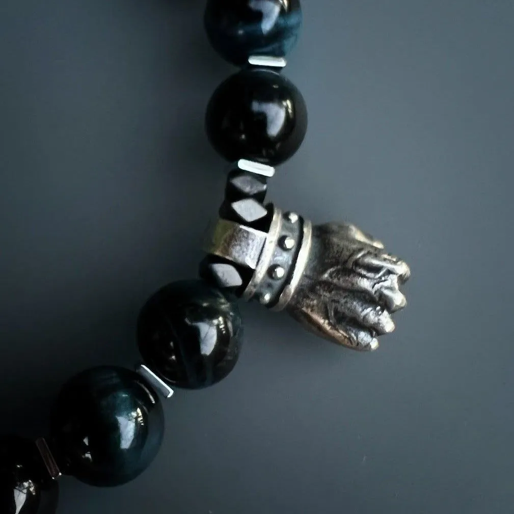 Tiger's Eye Stone Sterling Silver Powerful Hand Charm Beaded Bracelet