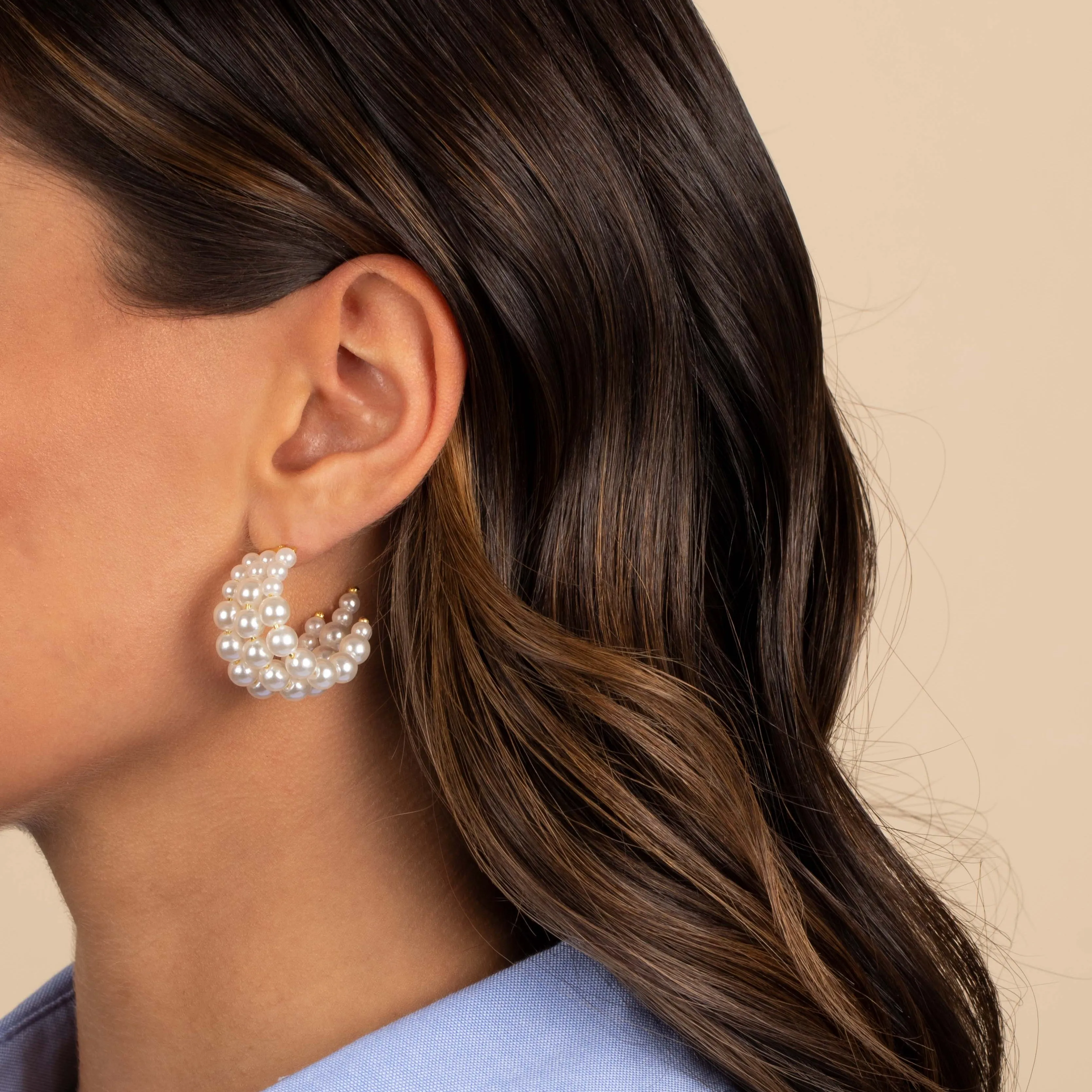 Triple Pearl Open Hoop Stud Earring