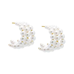 Triple Pearl Open Hoop Stud Earring