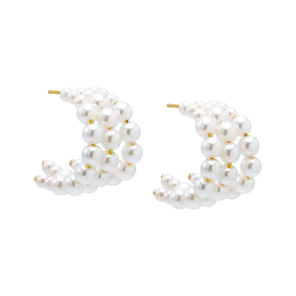 Triple Pearl Open Hoop Stud Earring