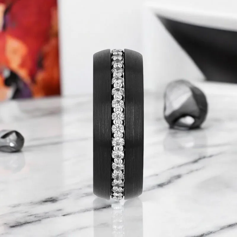TSAR | Black Tungsten Ring, White Sapphires, Domed