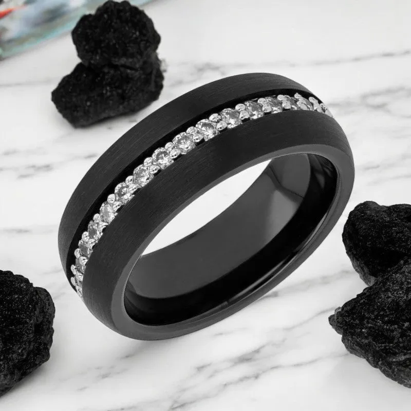 TSAR | Black Tungsten Ring, White Sapphires, Domed