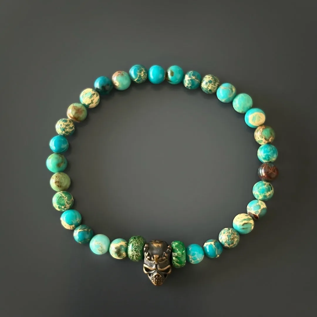 Variscite Stone Beaded King Skull Bracelet