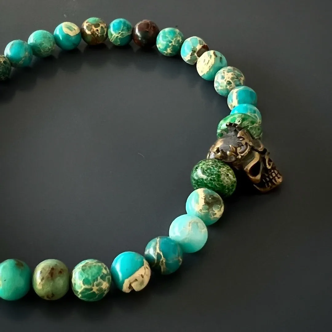 Variscite Stone Beaded King Skull Bracelet