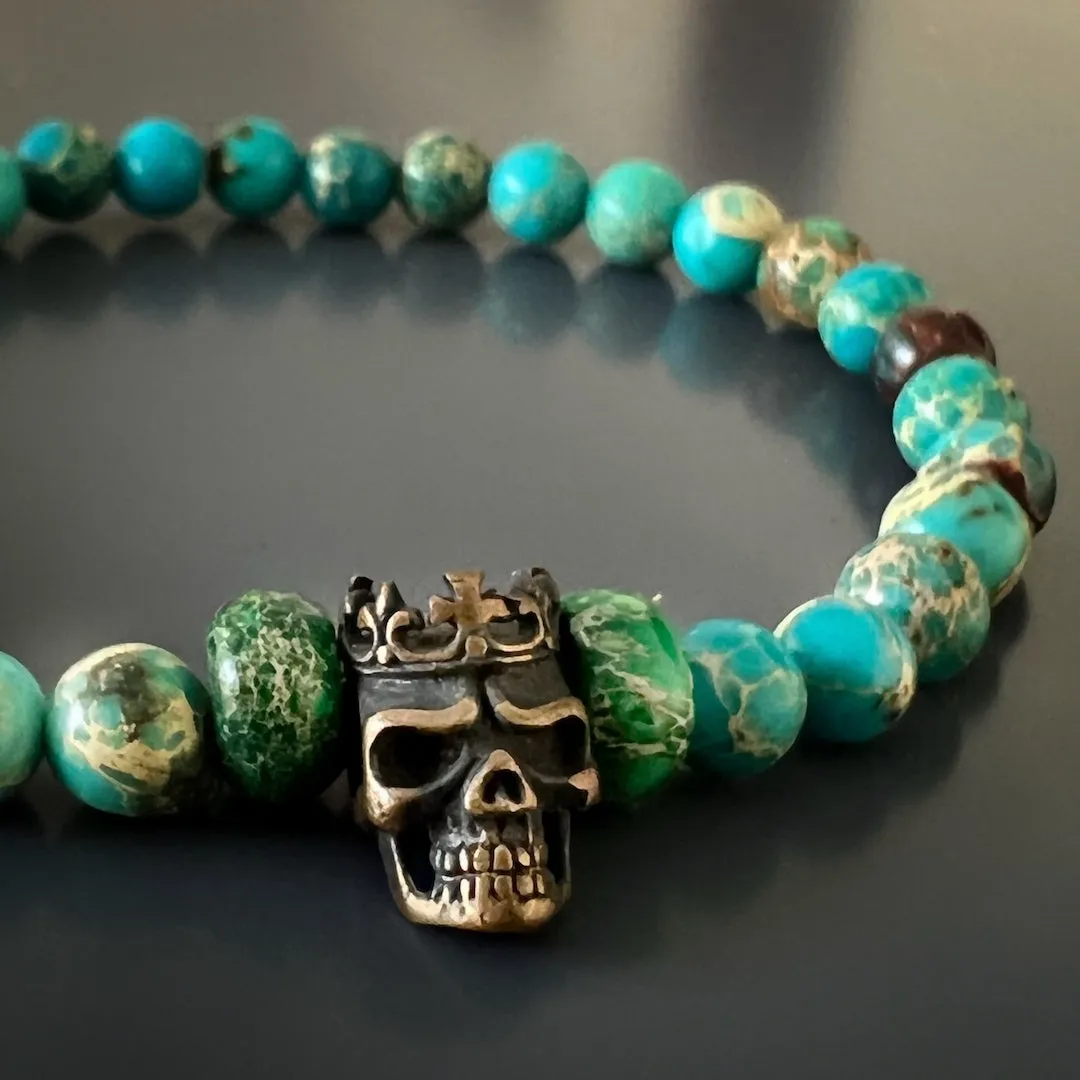 Variscite Stone Beaded King Skull Bracelet