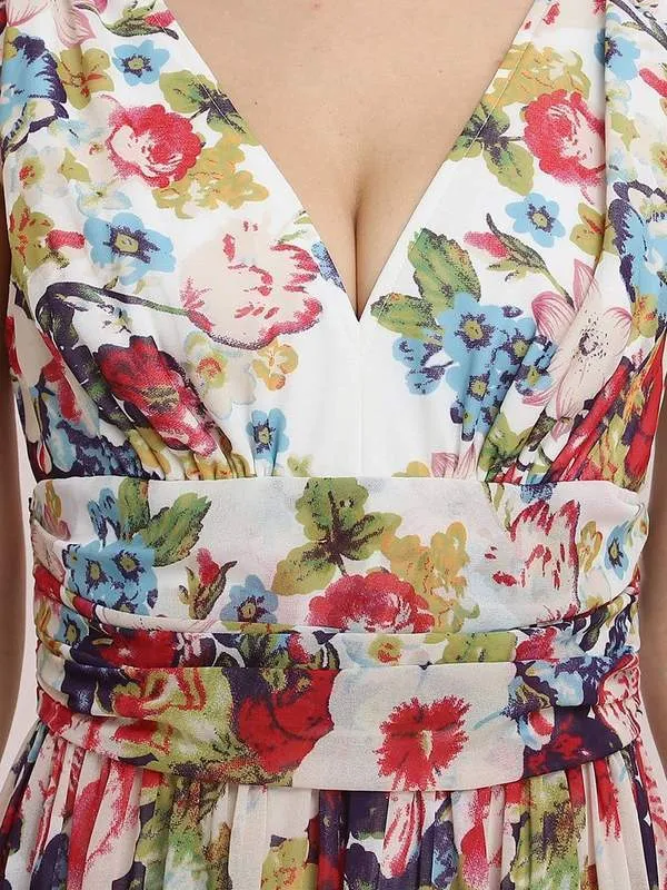 Veda floral printed classic party dress in ivory Express NZ wide