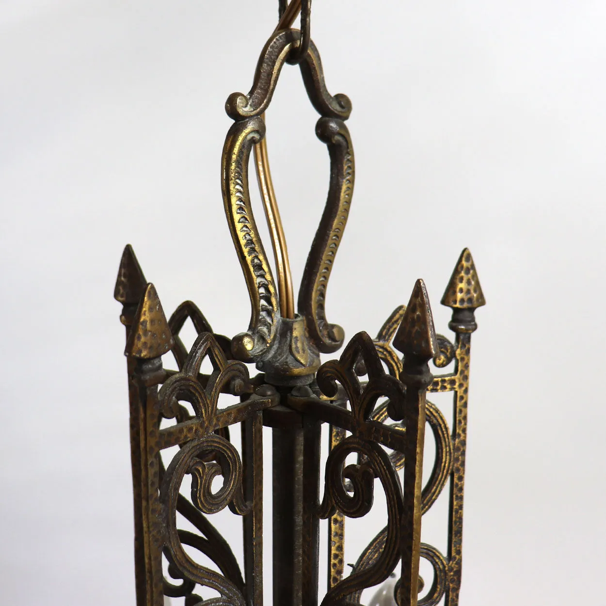 Vintage American Spanish Revival Hammered Brass Pendant Five-Light Chandelier
