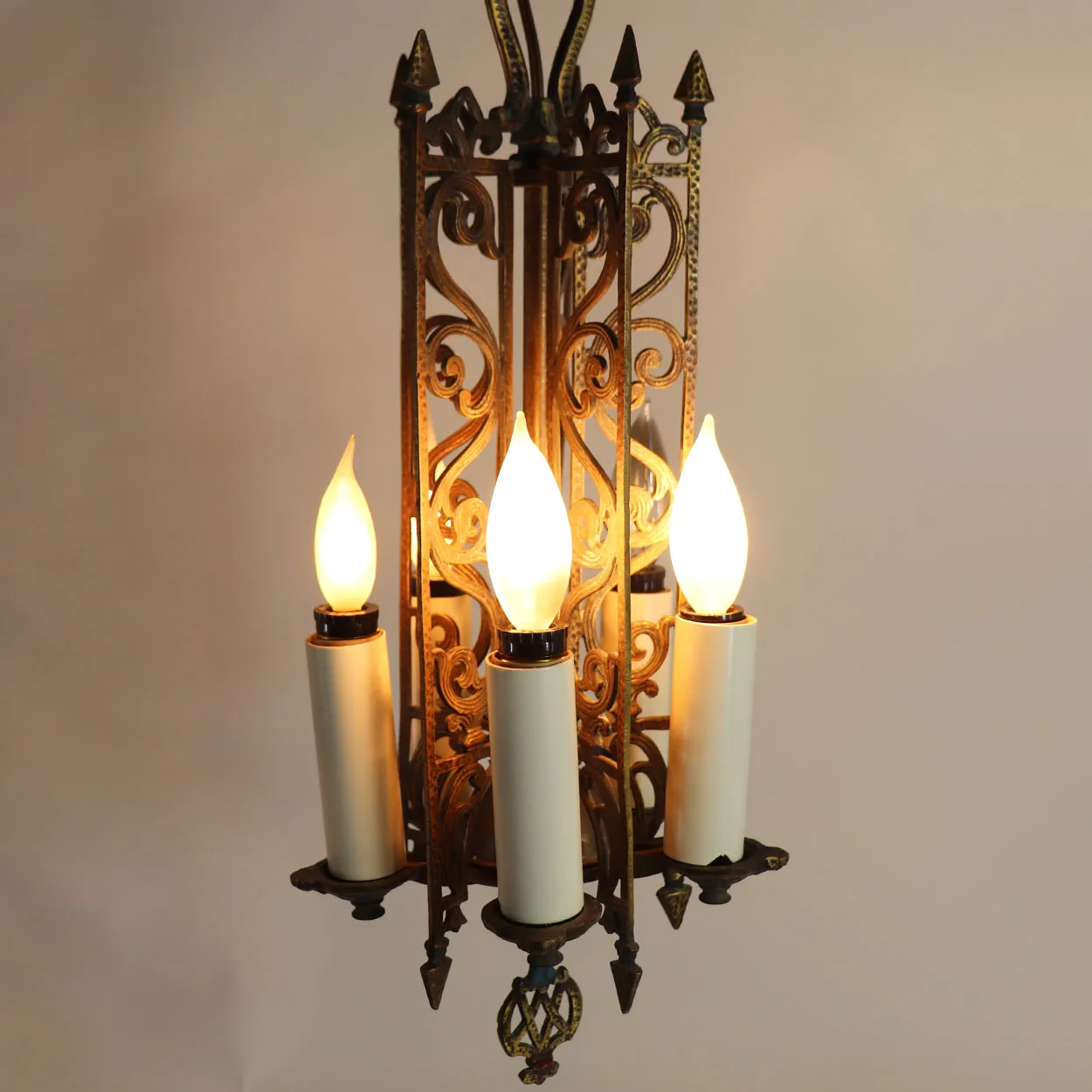Vintage American Spanish Revival Hammered Brass Pendant Five-Light Chandelier