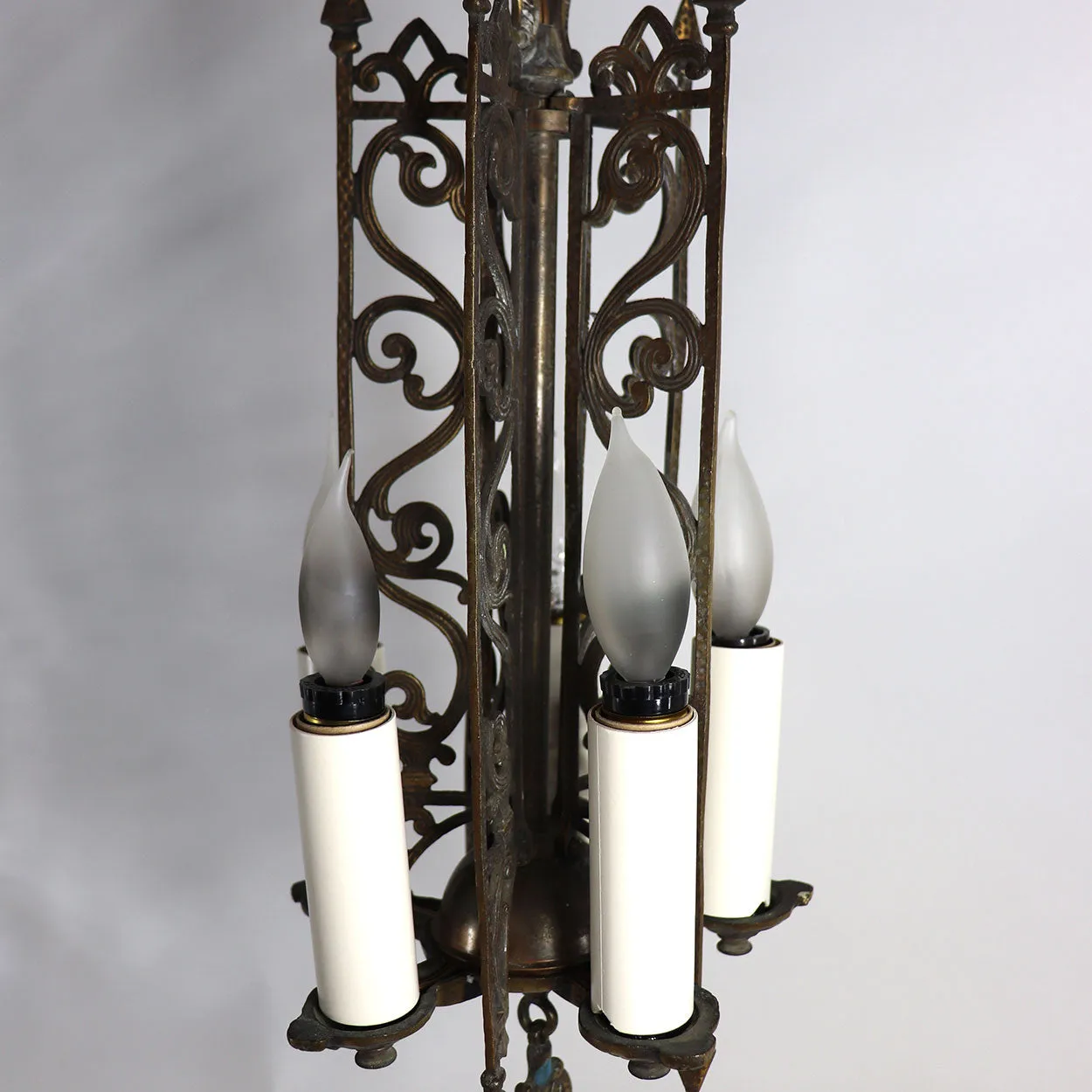 Vintage American Spanish Revival Hammered Brass Pendant Five-Light Chandelier