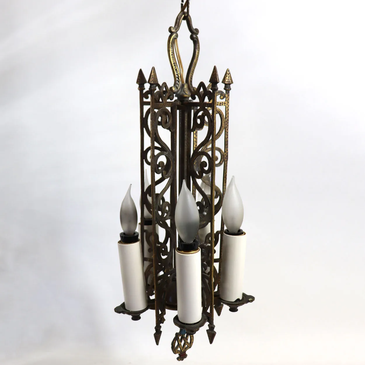 Vintage American Spanish Revival Hammered Brass Pendant Five-Light Chandelier