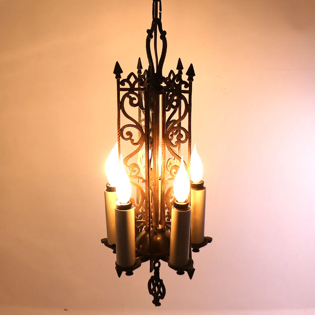Vintage American Spanish Revival Hammered Brass Pendant Five-Light Chandelier
