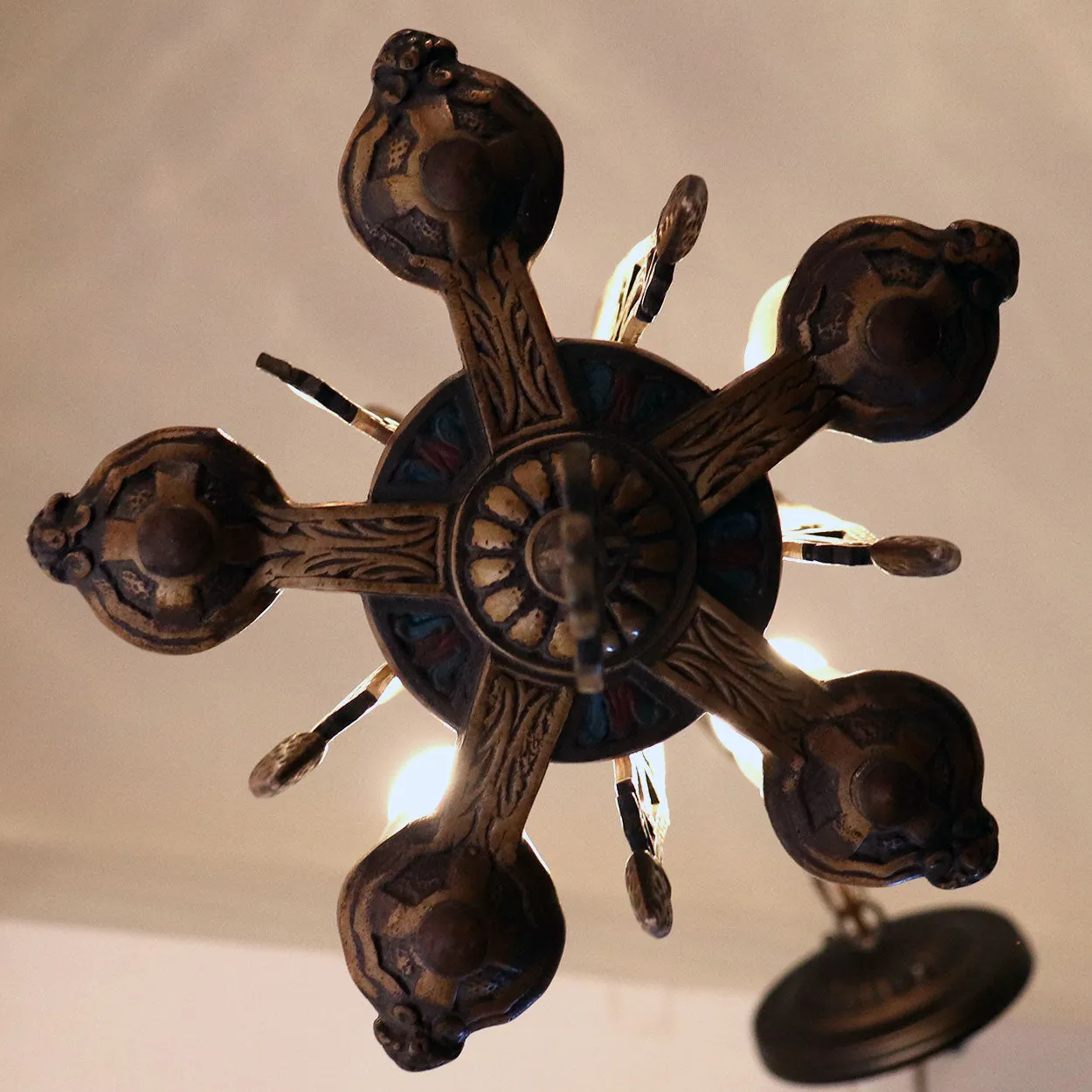 Vintage American Spanish Revival Hammered Brass Pendant Five-Light Chandelier