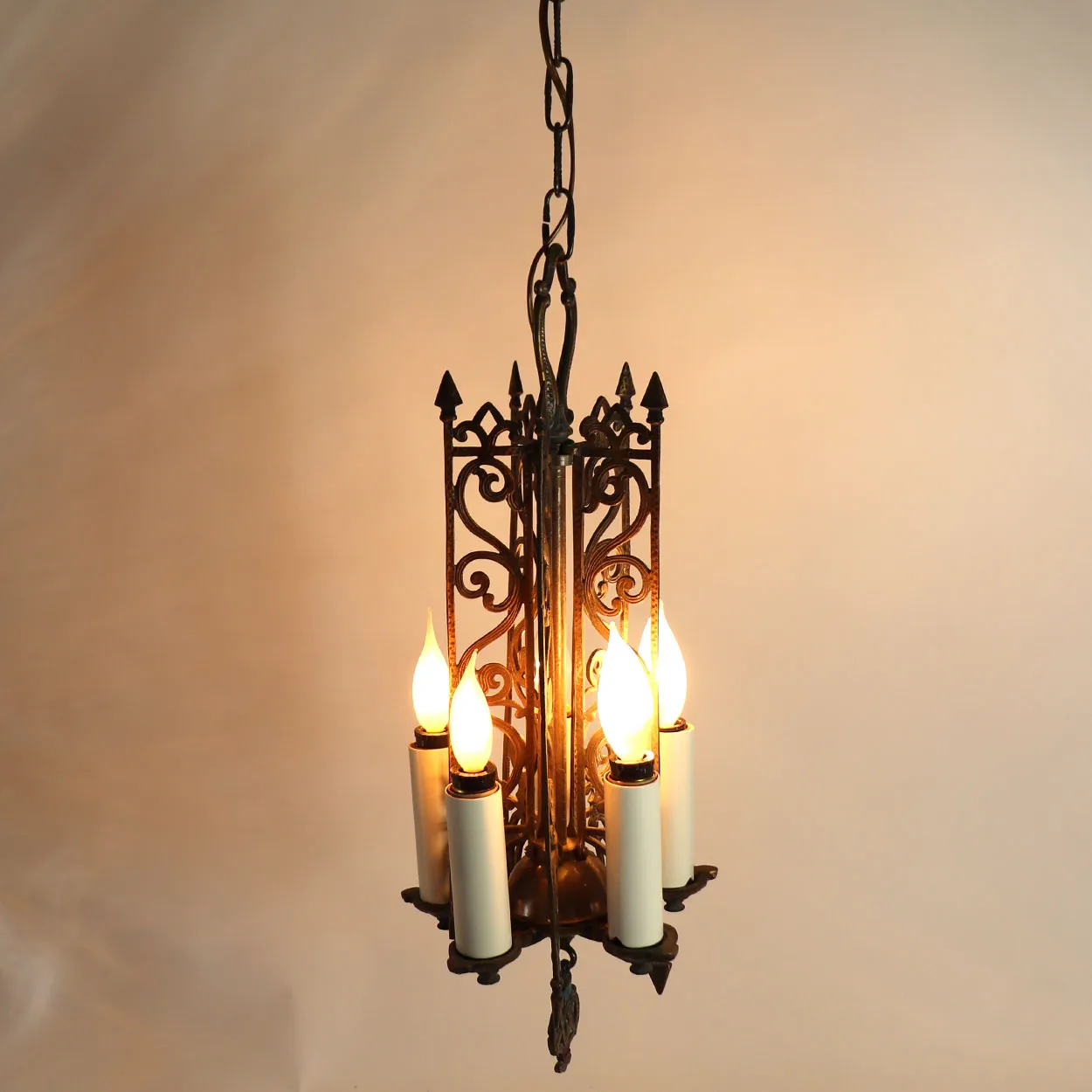 Vintage American Spanish Revival Hammered Brass Pendant Five-Light Chandelier