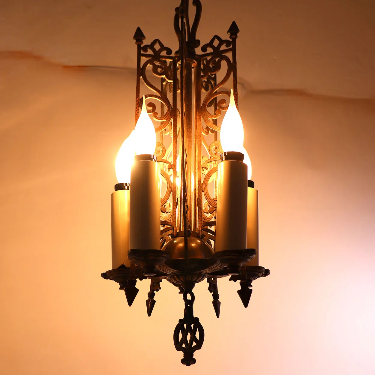 Vintage American Spanish Revival Hammered Brass Pendant Five-Light Chandelier