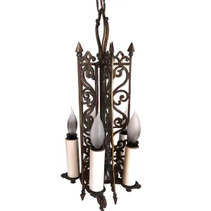 Vintage American Spanish Revival Hammered Brass Pendant Five-Light Chandelier
