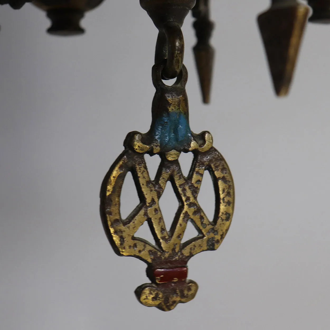 Vintage American Spanish Revival Hammered Brass Pendant Five-Light Chandelier