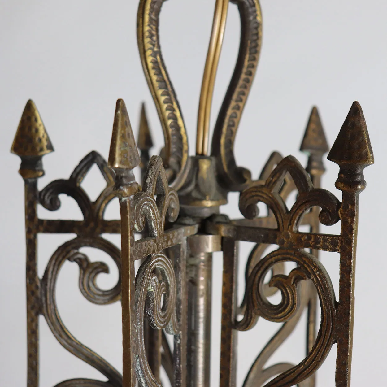 Vintage American Spanish Revival Hammered Brass Pendant Five-Light Chandelier
