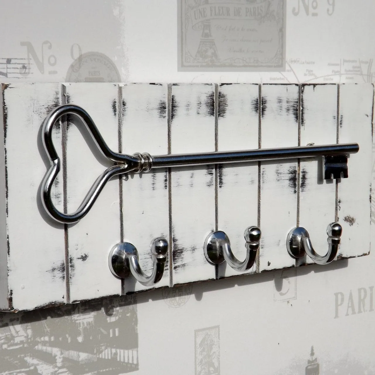 Vintage Distressed White Wood KEYS 3 Hook Coat Rack