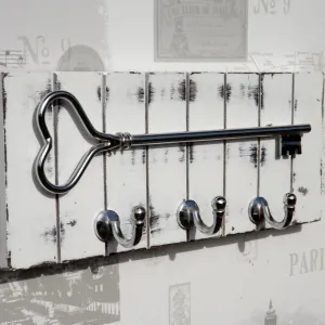 Vintage Distressed White Wood KEYS 3 Hook Coat Rack