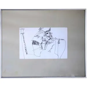 Vintage JON ZAHOUREK Ink Drawing on Paper, Rene Heredia in Concert