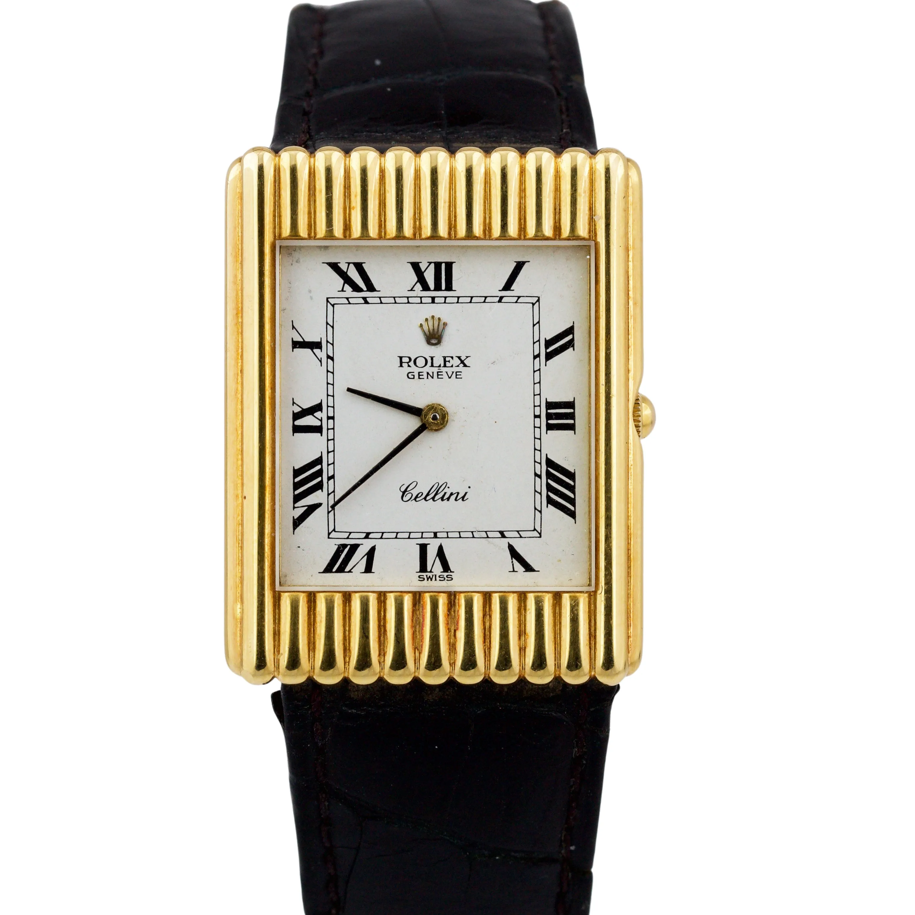 Vintage Rolex Cellini Classic White 18K Yellow Gold Leather Manual 4016 Watch