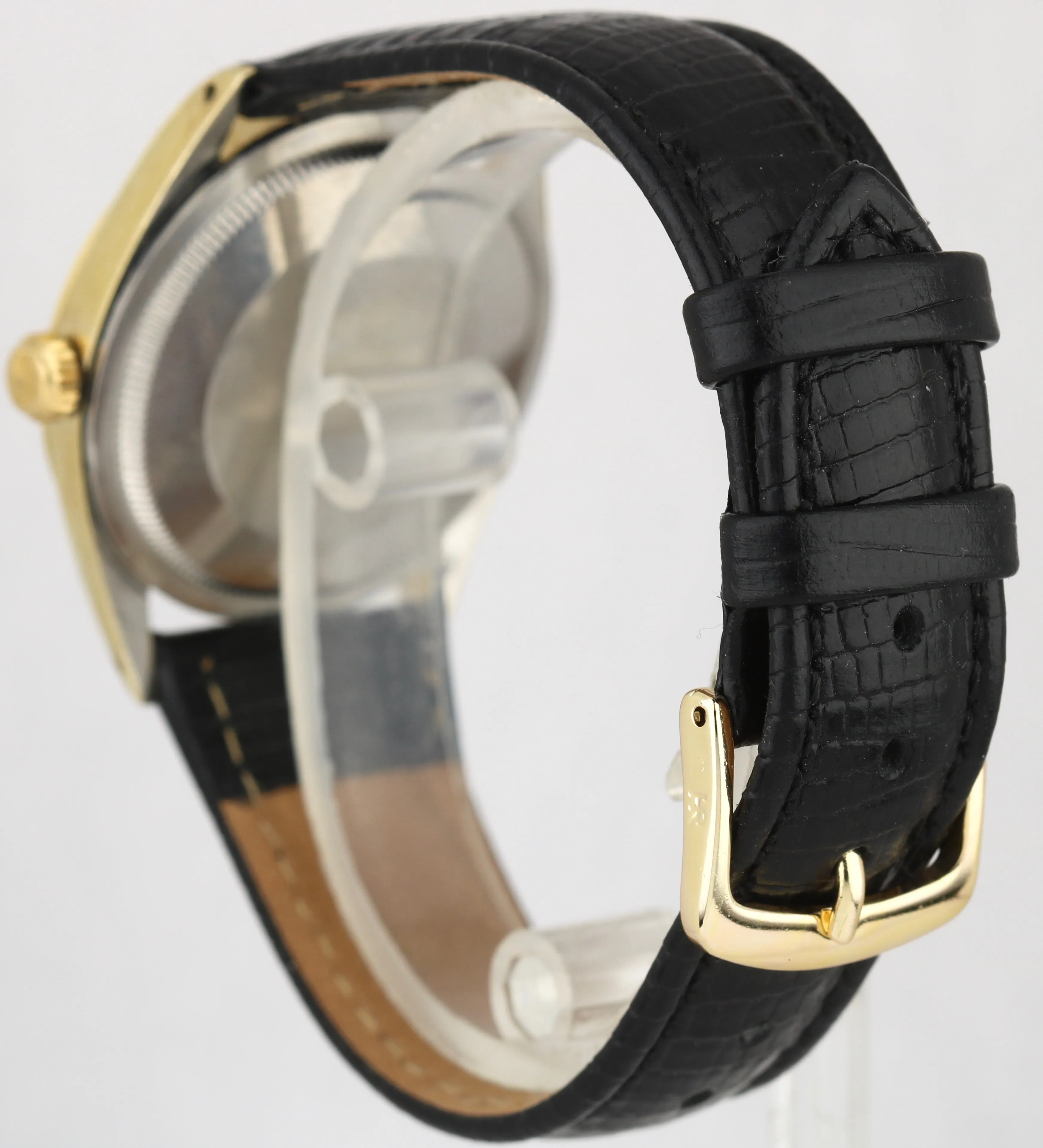 Vintage Rolex Oyster Perpetual Champagne 34mm 14K Gold Shell Leather Watch 1024
